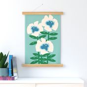 White Pansy Flowers on Blue with Emerald Leaves Tea Towel