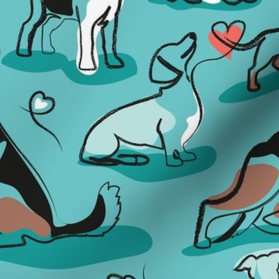 Normal scale // Woof endless love // aqua ocean background coral hearts continuous lined pair of dog breeds // Italian greyhounds beagles german shepherds Dachshunds Golden Retriever and Lavrador Retriever 