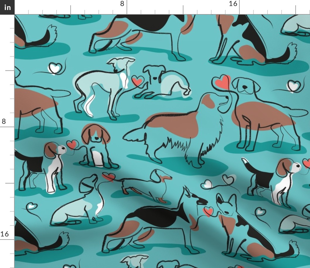 Normal scale // Woof endless love // aqua ocean background coral hearts continuous lined pair of dog breeds // Italian greyhounds beagles german shepherds Dachshunds Golden Retriever and Lavrador Retriever 