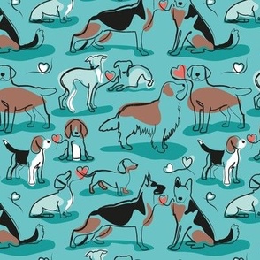 Small scale // Woof endless love // aqua ocean background coral hearts continuous lined pair of dog breeds // Italian greyhounds beagles german shepherds Dachshunds Golden Retriever and Lavrador Retriever 