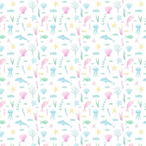 Blue, pink ocean creatures kids  watercolor pattern