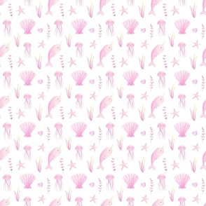 Pink ocean creatures kids  watercolor pattern