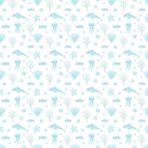 Blue ocean creatures kids  watercolor pattern