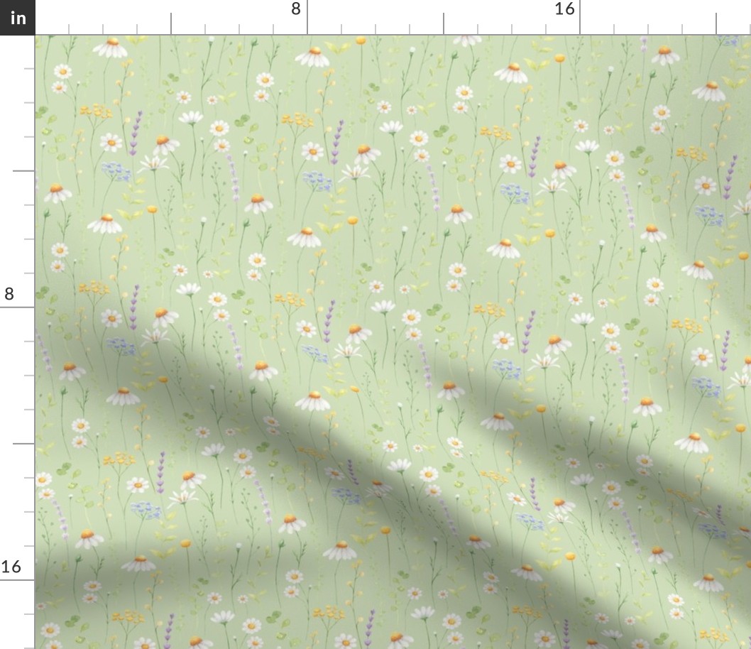 daisy watercolor meadow pattern on green background