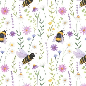 watercolor bees and flower summer pattern