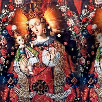 11 roses rosary Jesus Christ Virgin Mary Christianity Catholic religious mother Madonna child baby crown floral flowers pearls bows beautiful son woman gold gems jewels archway garland wreath red gown dress green flowers motherhood long hair embroidery la