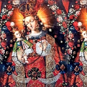 11 roses rosary Jesus Christ Virgin Mary Christianity Catholic religious mother Madonna child baby crown floral flowers pearls bows beautiful son woman gold gems jewels archway garland wreath red gown dress green flowers motherhood long hair embroidery la