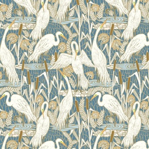 Watching cranes muted blue - medium scale 13" fabric
