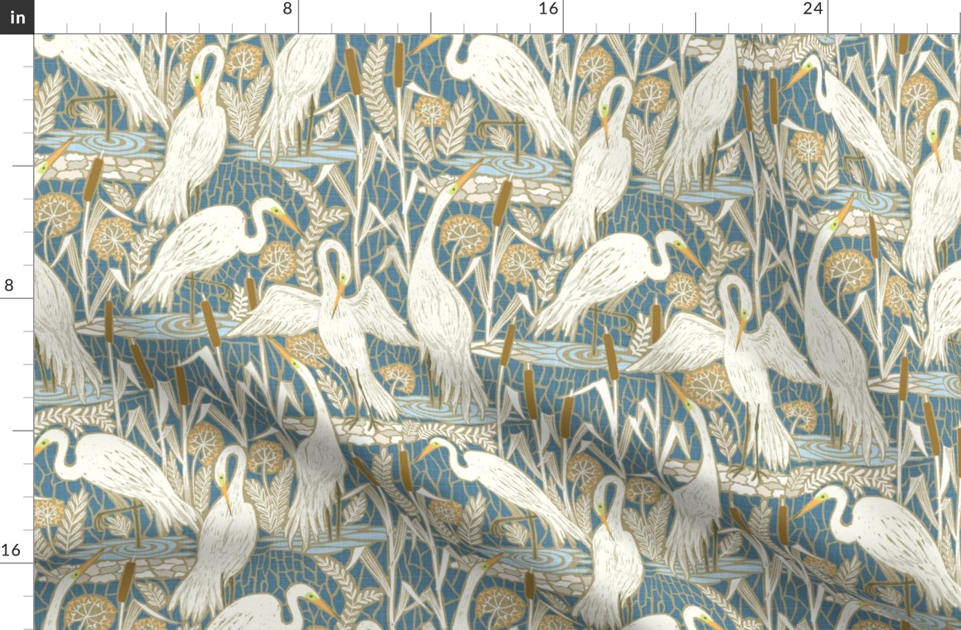 Watching cranes muted blue - medium scale 13" fabric