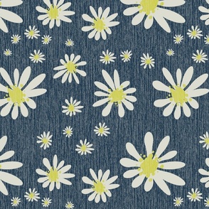 Blue Denim and White Daisy Flowers with Grasscloth Texture Subtle Abstract Modern Navy Blue 29384C Turmeric Yellow CCCC52 and Light Eagle Ivory White DBDBD0