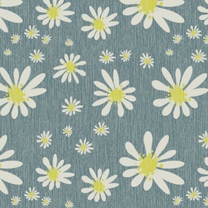 Blue Denim and White Daisy Flowers with Grasscloth Texture Subtle Abstract Modern Slate Gray 697A7E Turmeric Yellow CCCC52 and Light Eagle Ivory White DBDBD0