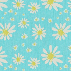 Blue Denim and White Daisy Flowers with Grasscloth Texture Subtle Abstract Modern Pool Blue Green Turquoise 8ED3D8 Turmeric Yellow CCCC52 and Light Eagle Ivory White DBDBD0