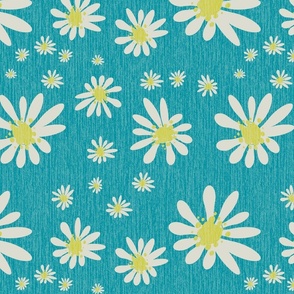 Blue Denim and White Daisy Flowers with Grasscloth Texture Subtle Abstract Modern Lagoon Blue Green Turquoise 2F909F Turmeric Yellow CCCC52 and Light Eagle Ivory White DBDBD0