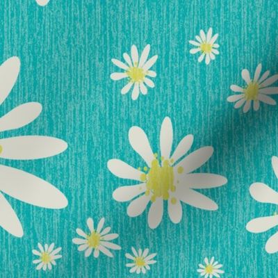 Blue Denim and White Daisy Flowers with Grasscloth Texture Subtle Abstract Modern Hippie Blue Green Turquoise 4BA6A6 Turmeric Yellow CCCC52 and Light Eagle Ivory White DBDBD0