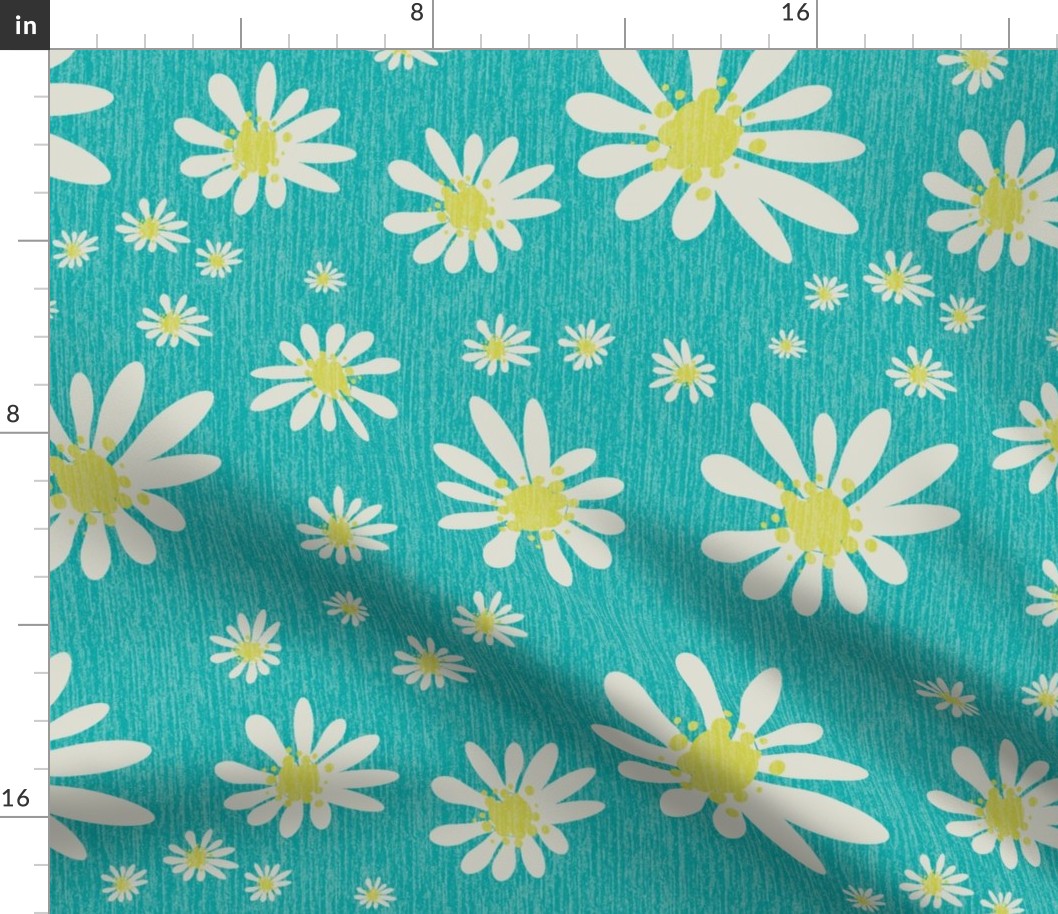 Blue Denim and White Daisy Flowers with Grasscloth Texture Subtle Abstract Modern Hippie Blue Green Turquoise 4BA6A6 Turmeric Yellow CCCC52 and Light Eagle Ivory White DBDBD0