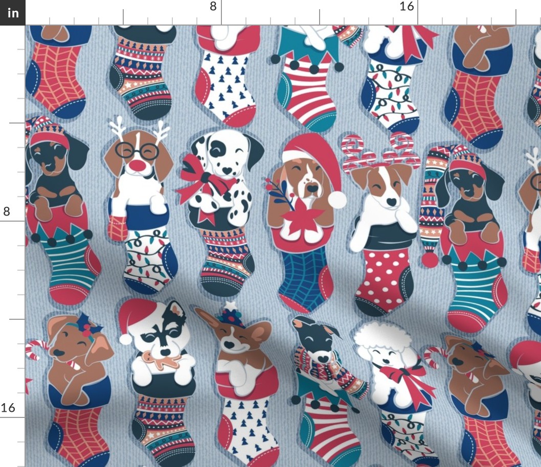 Normal scale // Pure love Christmas socks I // aligned // pastel blue background Dachshund Beagle Dalmatian Basset Hound Jack Russel Labrador Retriever Husky Welsh Corgi Italian Greyhound and Poodle dog puppies