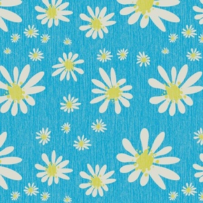 Blue Denim and White Daisy Flowers with Grasscloth Texture Subtle Abstract Modern Maya Blue Green Turquoise 52A3CC Turmeric Yellow CCCC52 and Light Eagle Ivory White DBDBD0