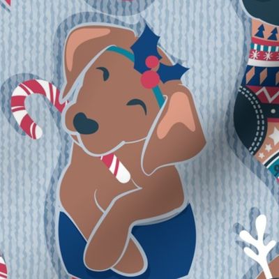 Large jumbo scale // Pure love Christmas socks II // not aligned // pastel blue background Dachshund Beagle Dalmatian Basset Hound Jack Russel Labrador Retriever Husky Welsh Corgi Italian Greyhound and Poodle dog puppies