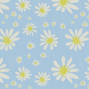 Blue Denim and White Daisy Flowers with Grasscloth Texture Subtle Abstract Modern Sky Blue A7C0DA Turmeric Yellow CCCC52 and Light Eagle Ivory White DBDBD0