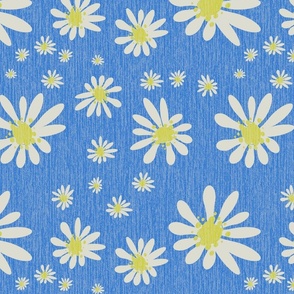 Blue Denim and White Daisy Flowers with Grasscloth Texture Subtle Abstract Modern Sapphire Blue 527ACC Turmeric Yellow CCCC52 and Light Eagle Ivory White DBDBD0