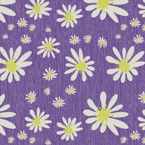 Blue Denim and White Daisy Flowers with Grasscloth Texture Subtle Abstract Modern Grape Purple 584387 Turmeric Yellow CCCC52 and Light Eagle Ivory White DBDBD0