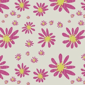 White Denim and Daisy Flowers with Grasscloth Texture Subtle Abstract Modern Light Eagle Ivory White DBDBD0 Turmeric Yellow CCCC52 and Berry Pink Magenta 9D3876