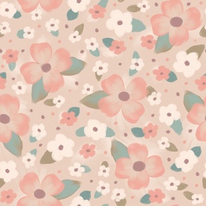 Painted Neutral Spring Flowers, Floral Pattern in Cream, Rose, Beige, Green and Tan LARGE