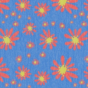 Blue Denim and Daisy Flowers with Grasscloth Texture Subtle Abstract Modern Sapphire Blue 527ACC Turmeric Yellow CCCC52 and Chestnut Rose Coral Red Orange CC5252