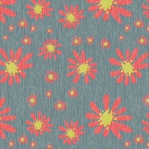 Blue Denim and Daisy Flowers with Grasscloth Texture Subtle Abstract Modern Slate Gray 697A7E Turmeric Yellow CCCC52 and Chestnut Rose Coral Red Orange CC5252