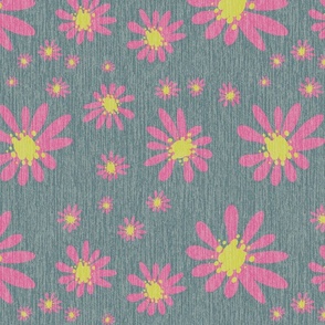 Blue Denim and Daisy Flowers with Grasscloth Texture Subtle Abstract Modern Slate Gray 697A7E Turmeric Yellow CCCC52 and Peony Pink Magenta BF6493