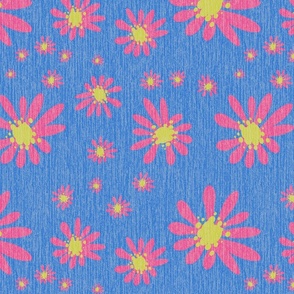 Blue Denim and Daisy Flowers with Grasscloth Texture Subtle Abstract Modern Sapphire Blue 527ACC Turmeric Yellow CCCC52 and Mulberry Pink Magenta CC528F