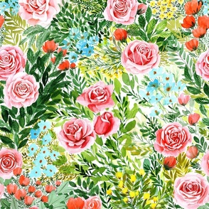 My beautiful rose garden in summer, roses watercolor