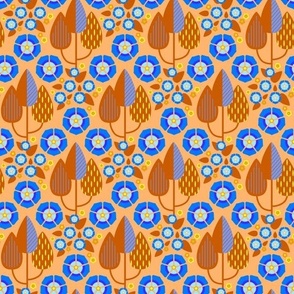 Morning glory in art deco, blue and caramel