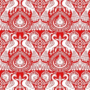 medieval peacocks, white on red