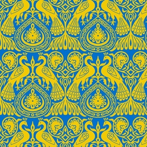 medieval peacocks, yellow on blue