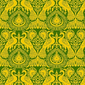 medieval peacocks, yellow on green