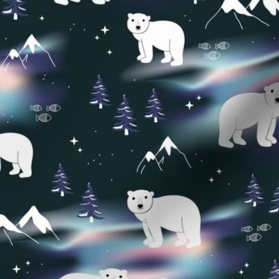 Polar bears mountains and Aurora Borealis winter night and pine trees lilac blue purple  