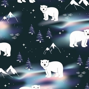 Polar bears mountains and Aurora Borealis winter night and pine trees lilac blue purple  