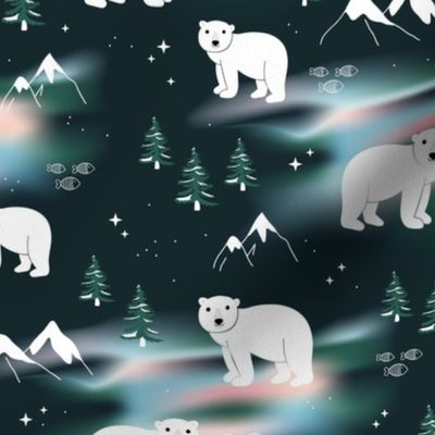 Polar bears mountains and Aurora Borealis winter night and pine trees green pink blue  