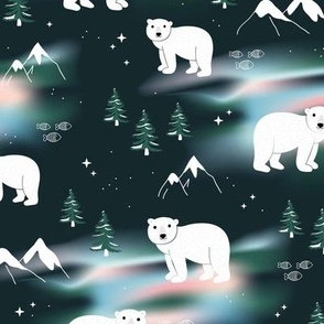 Polar bears mountains and Aurora Borealis winter night and pine trees green pink blue  