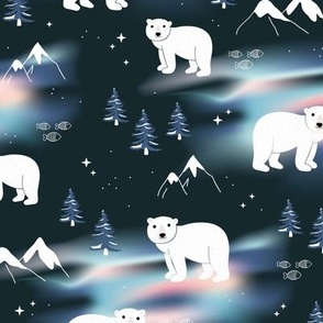 Polar bears mountains and Aurora Borealis winter night and pine trees navy blue blush pink 