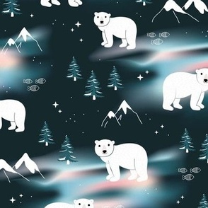 Polar bears mountains and Aurora Borealis winter night and pine trees warm blue pink aqua 