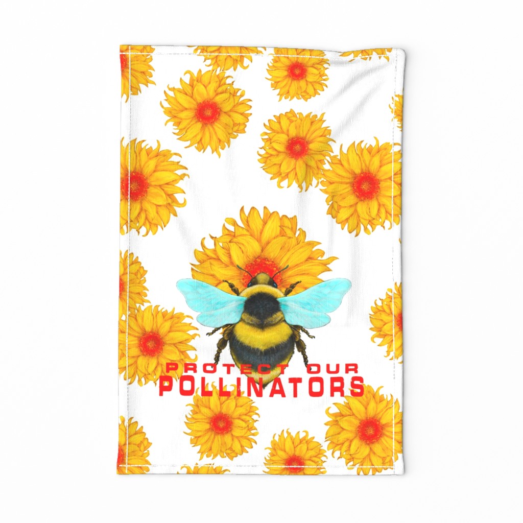 Protect Our Pollinators Bumblebee and Daisies Tea Towel on a white background