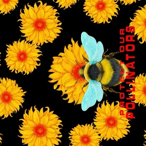 Protect Our Pollinators Bumblebee and Daisies Tea Towel on a black background