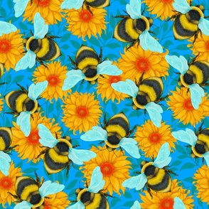 Bumblebees and Daisies on a bright blue background, larger scale