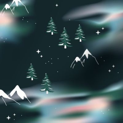 Nordic mountains and Aurora Borealis winter night and pine trees green pink blue   