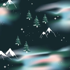 Nordic mountains and Aurora Borealis winter night and pine trees green pink blue   