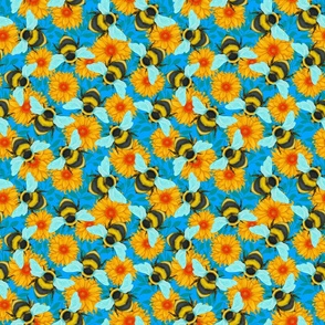 Bumblebees and Daisies on a blue background, smaller scale