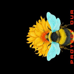 Protect Our Pollinators Bumblebee Tea Towel on a black background 