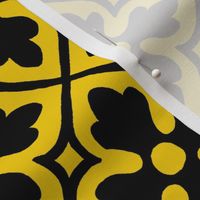 medieval geometric floral, black on yellow